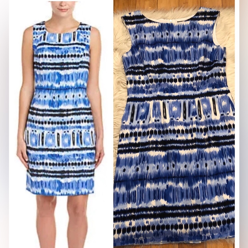 Tahari Linen Blend Tie Dye Ikat Prints Blue White Sleeveless Sheath Dress size 8